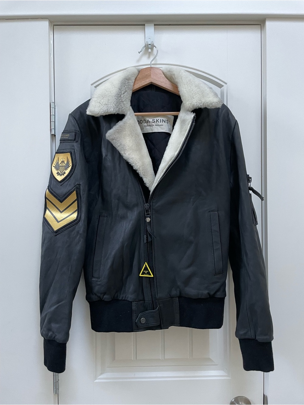 Boda Skins Black Leather Bomber Jacket with Cream Shearling Collar